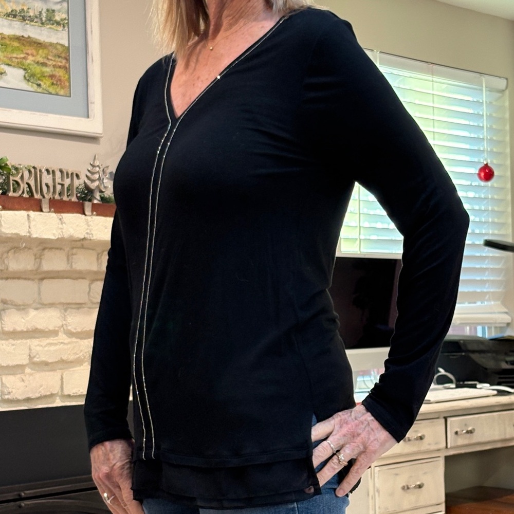 White House Black Market Black V-Neck Long Sleeve Embellished Top